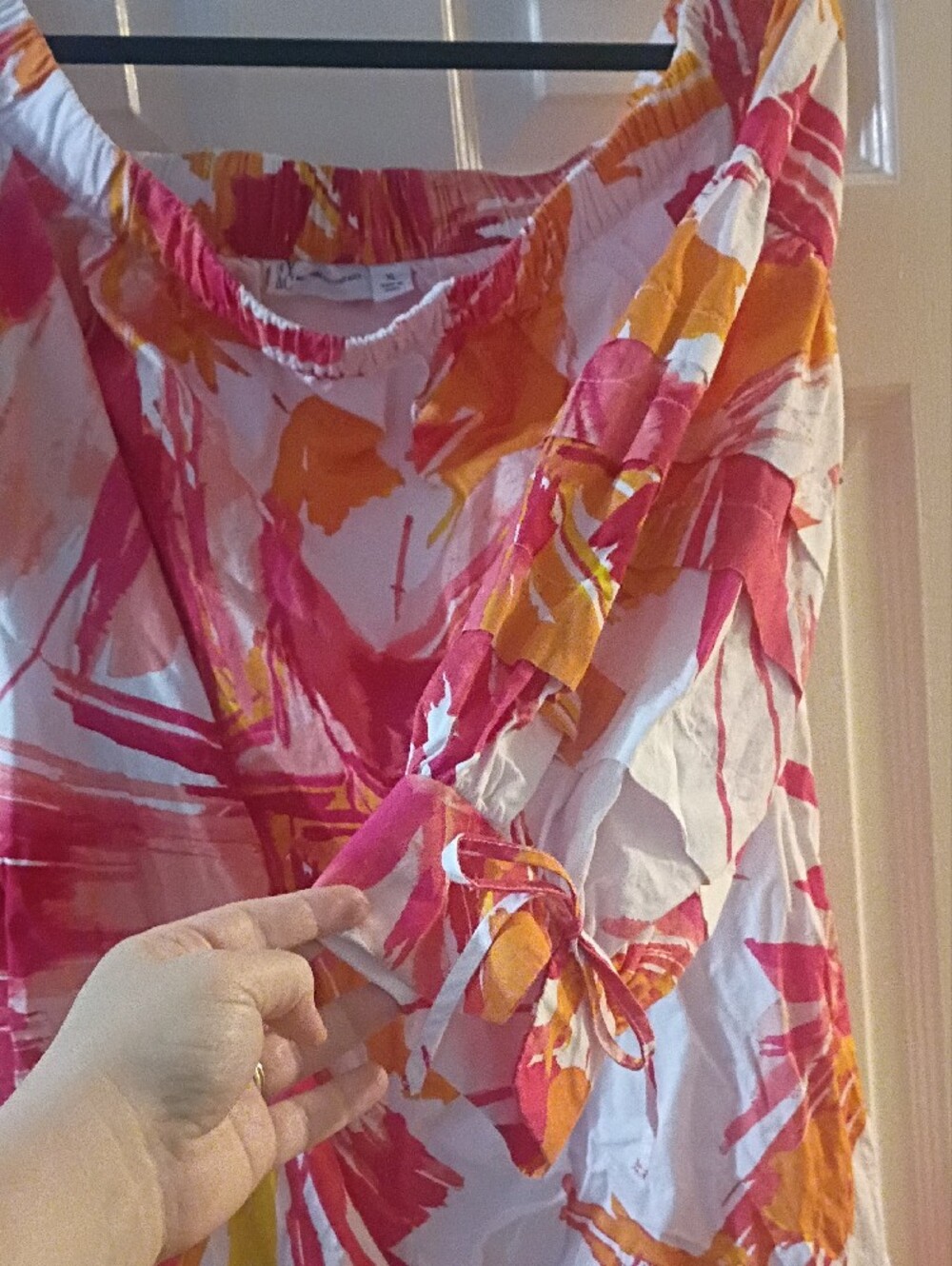 New York & Company Pink and Orange Abstract Off-Shoulder Tunic Dress - Picture 3 of 7